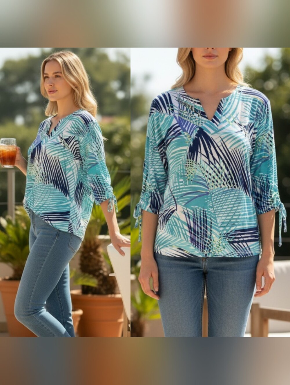 T Talbots 3X v neck tunic top 3/4 sleeves blue leaf bohemian tropical grandma